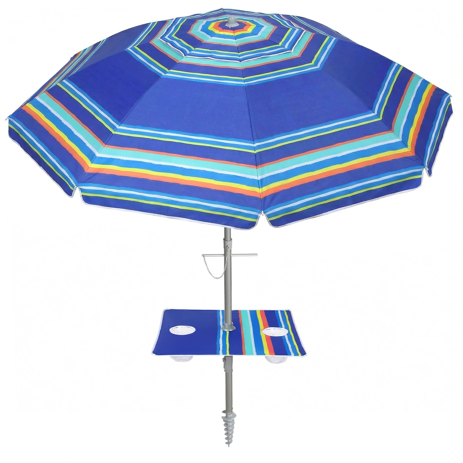 PASAMIC 7ft beach umbrella with built-in table and sand anchor for stable shade.