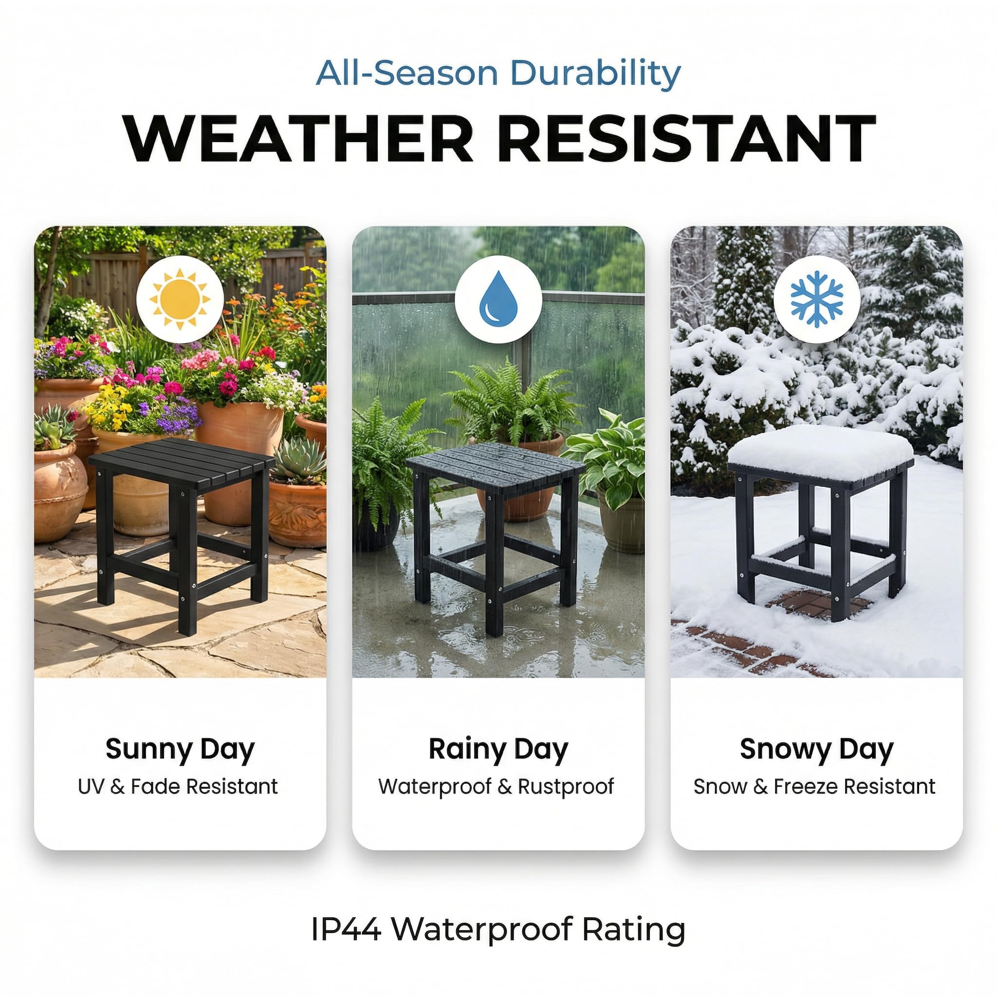 PASAMIC black outdoor side table beside balcony or garden.