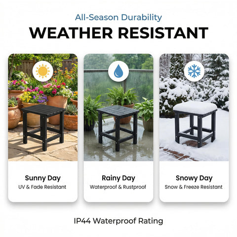 PASAMIC black outdoor side table beside balcony or garden.