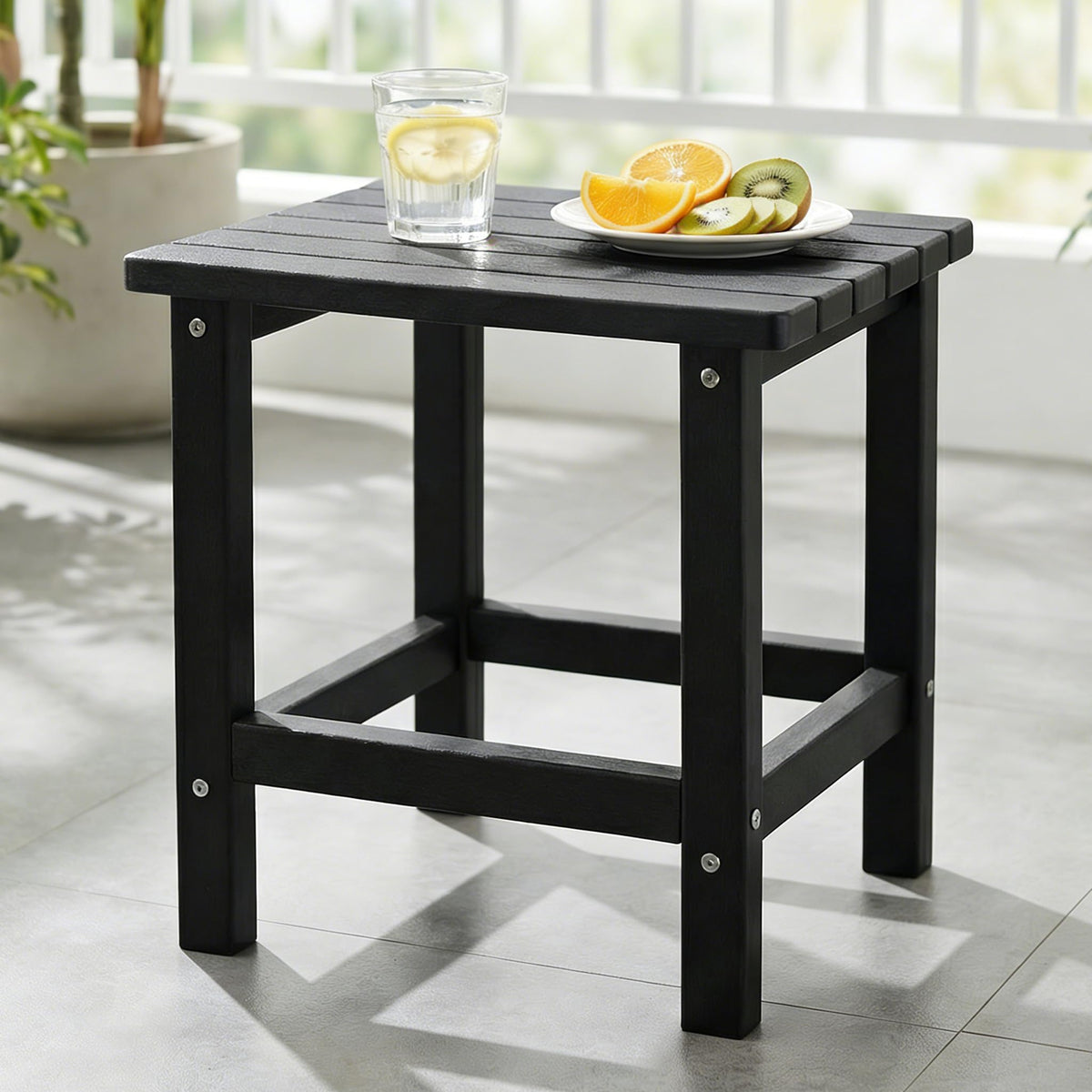 PASAMIC Adirondack square side table black top view for outdoor patios.