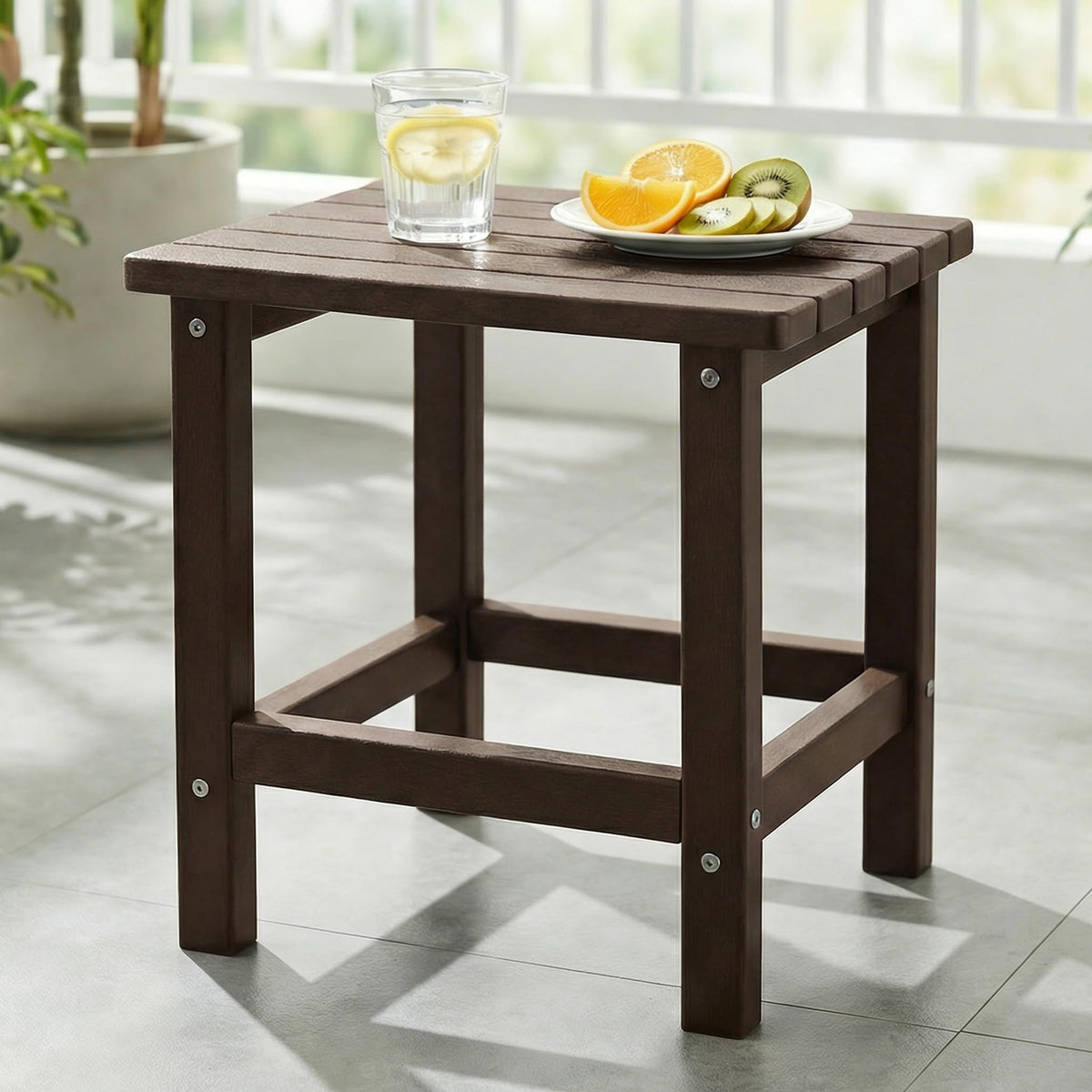 PASAMIC Adirondack square side table brown beside chair for outdoor living.