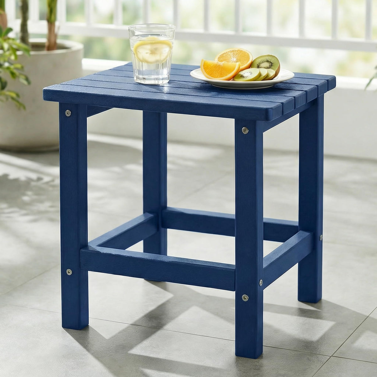 PASAMIC Adirondack square side table in navy, compact outdoor accent for small patios.
