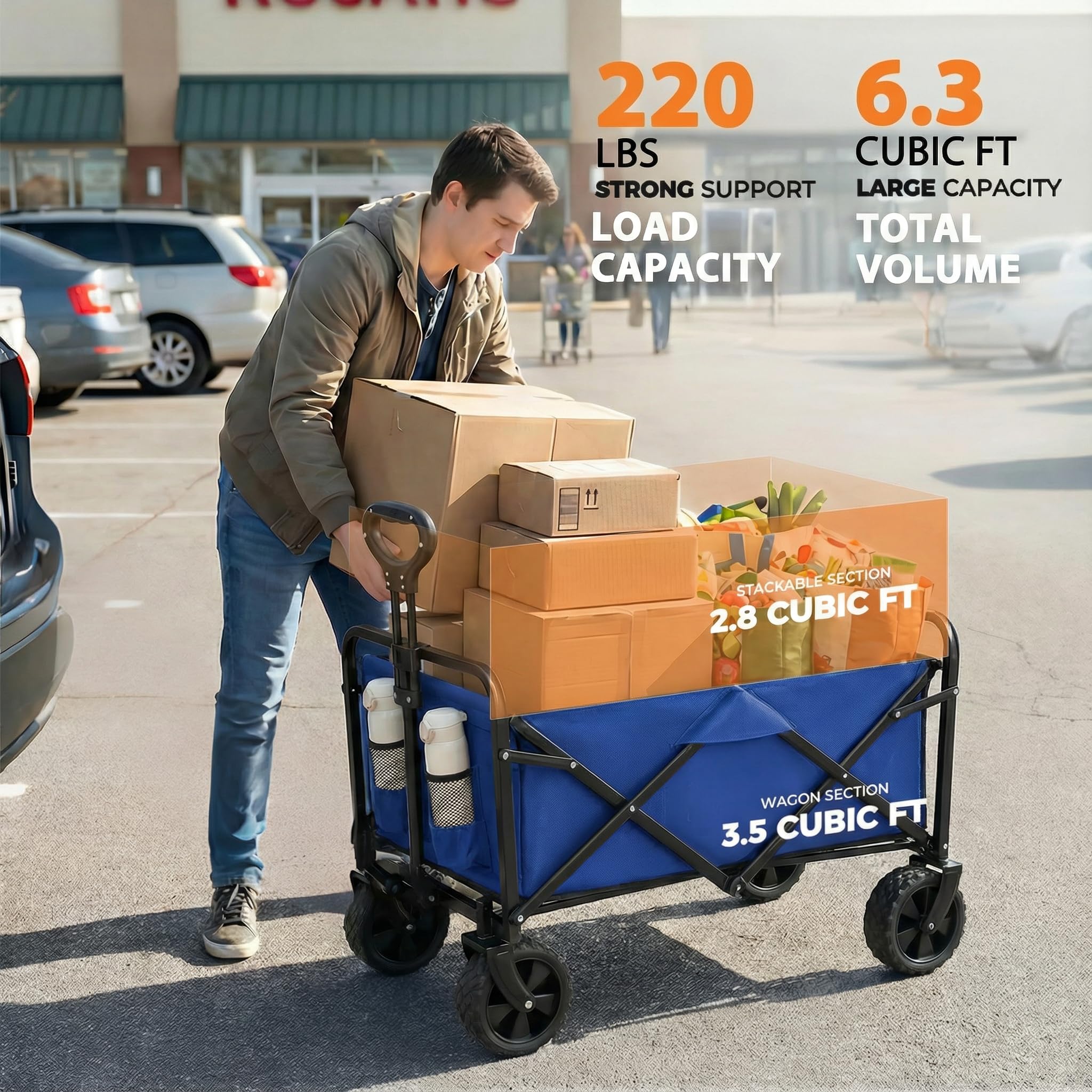 PASAMIC collapsible wagon extended-handle design improves comfort during shopping