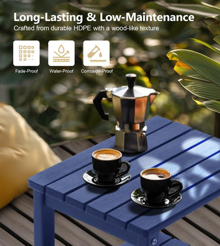 PASAMIC compact navy table shown with chairs, perfect for small patios.