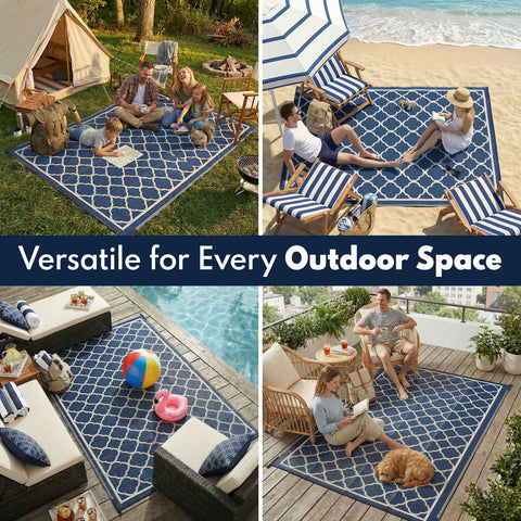 PASAMIC outdoor rug on deck shows secure setup with included stakes.