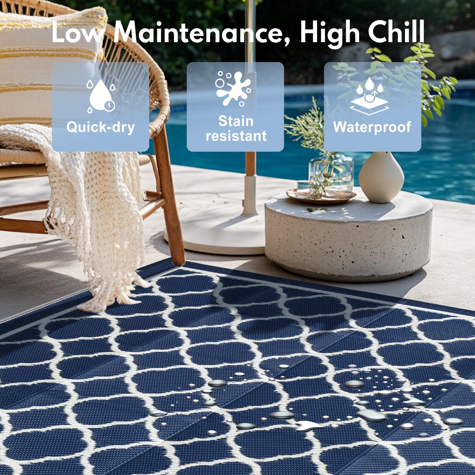PASAMIC rug features UV protection to keep colors vibrant outdoors.