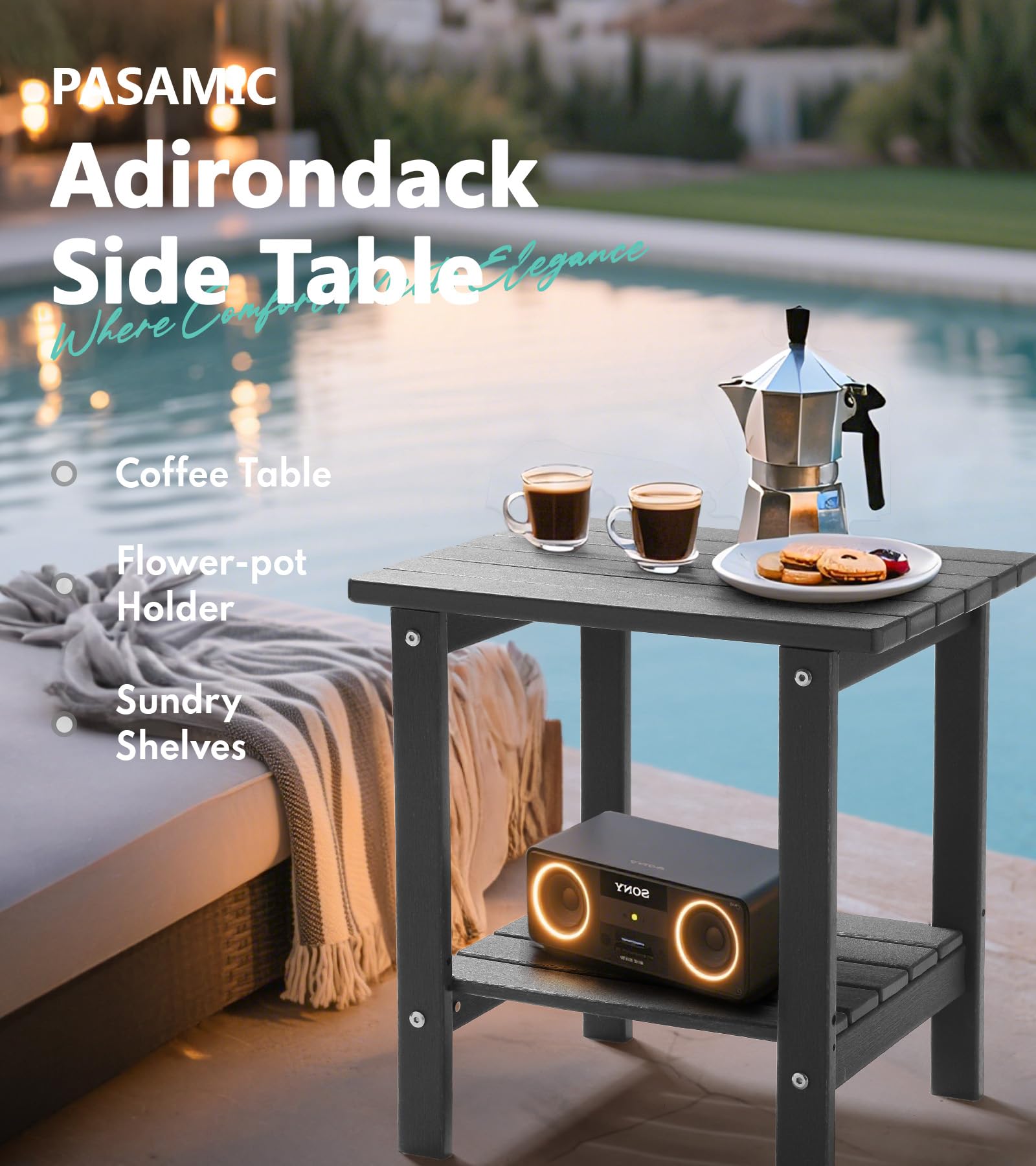 PASAMIC outdoor side table grey HDPE close-up highlighting weather resistance.