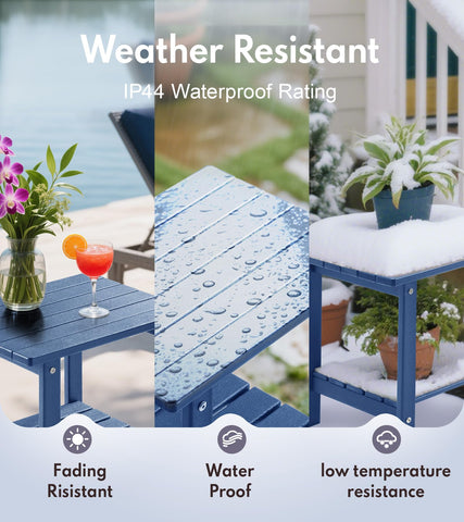PASAMIC navy outdoor side table in patio scene, weather-ready for sun or rain.