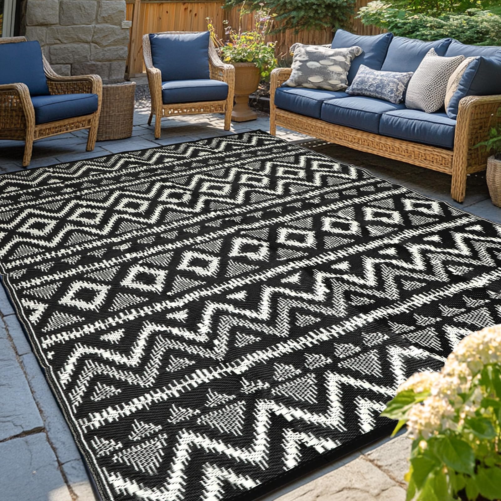 PASAMIC waterproof outdoor rug 5x8 with geometric diamond gray design for patios and decks