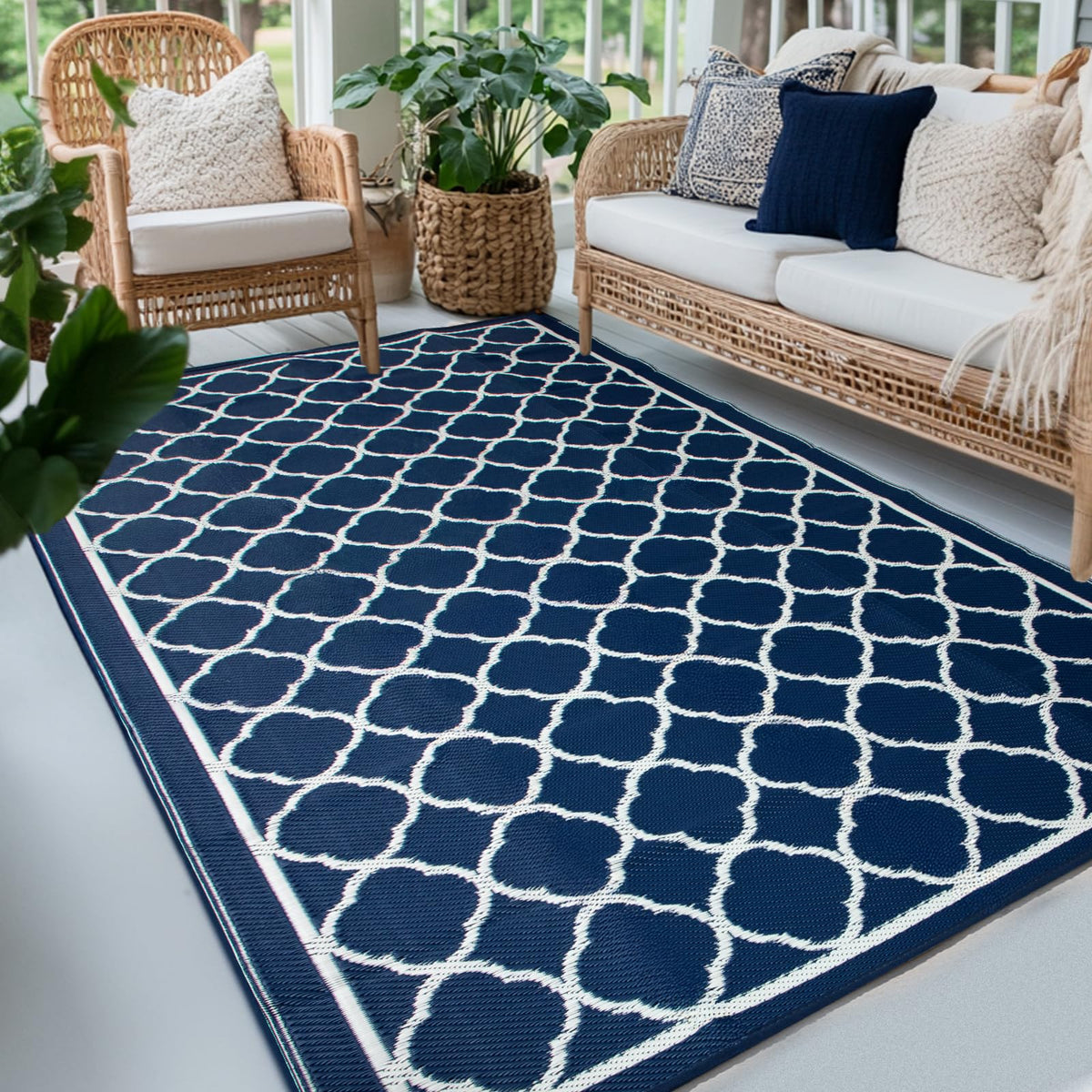 PASAMIC waterproof outdoor rug front view shows durable, easy-care patio versatility.
