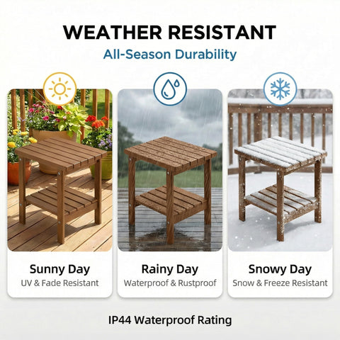 PASAMIC weather-resistant Adirondack table stands up to sun and rain for outdoor living.