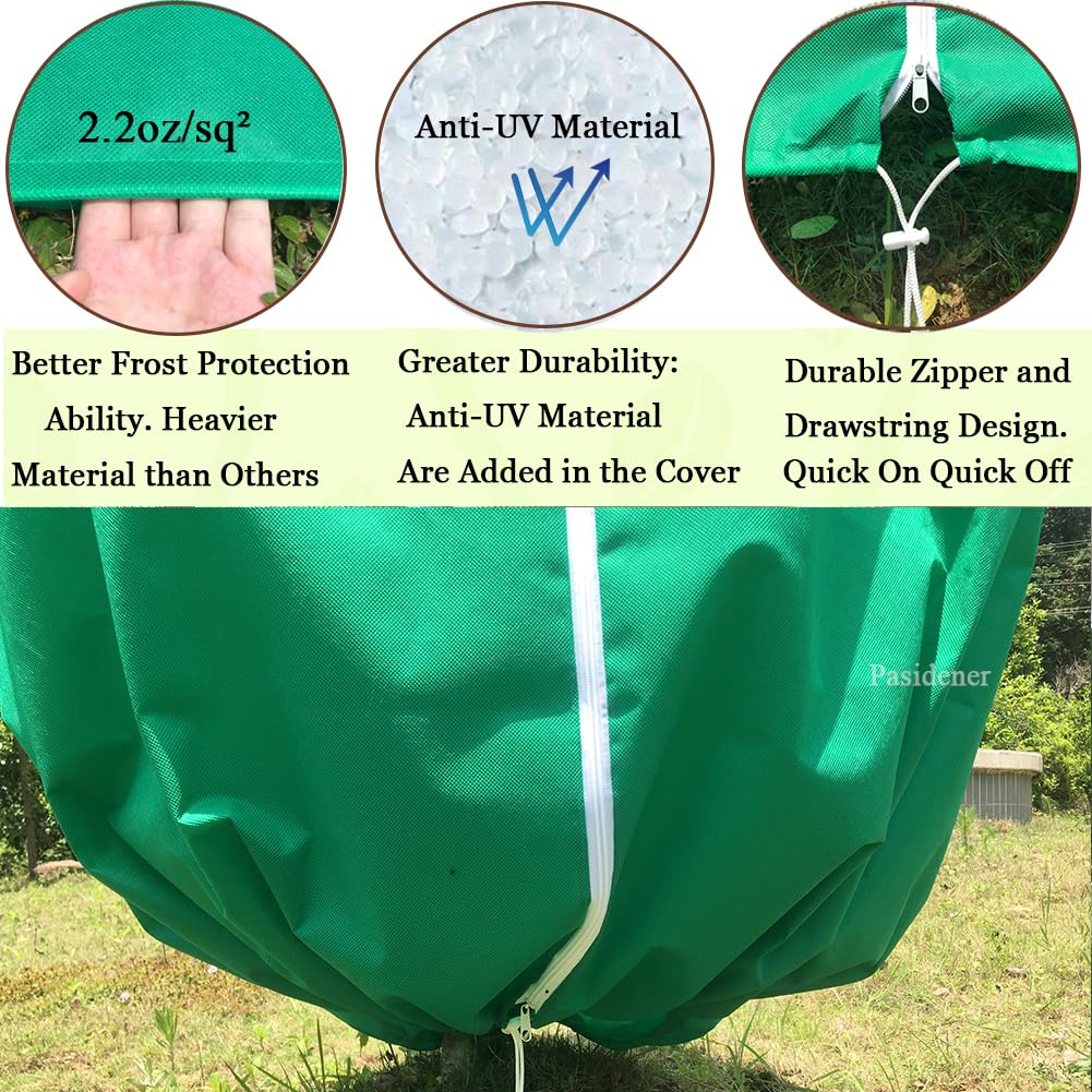 Pasidener plant cover with zipper drawstring side, for easy installation and adjustable fit.