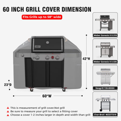 PasWith heavy-duty grill cover on a 60-inch grill with secure straps from the side.