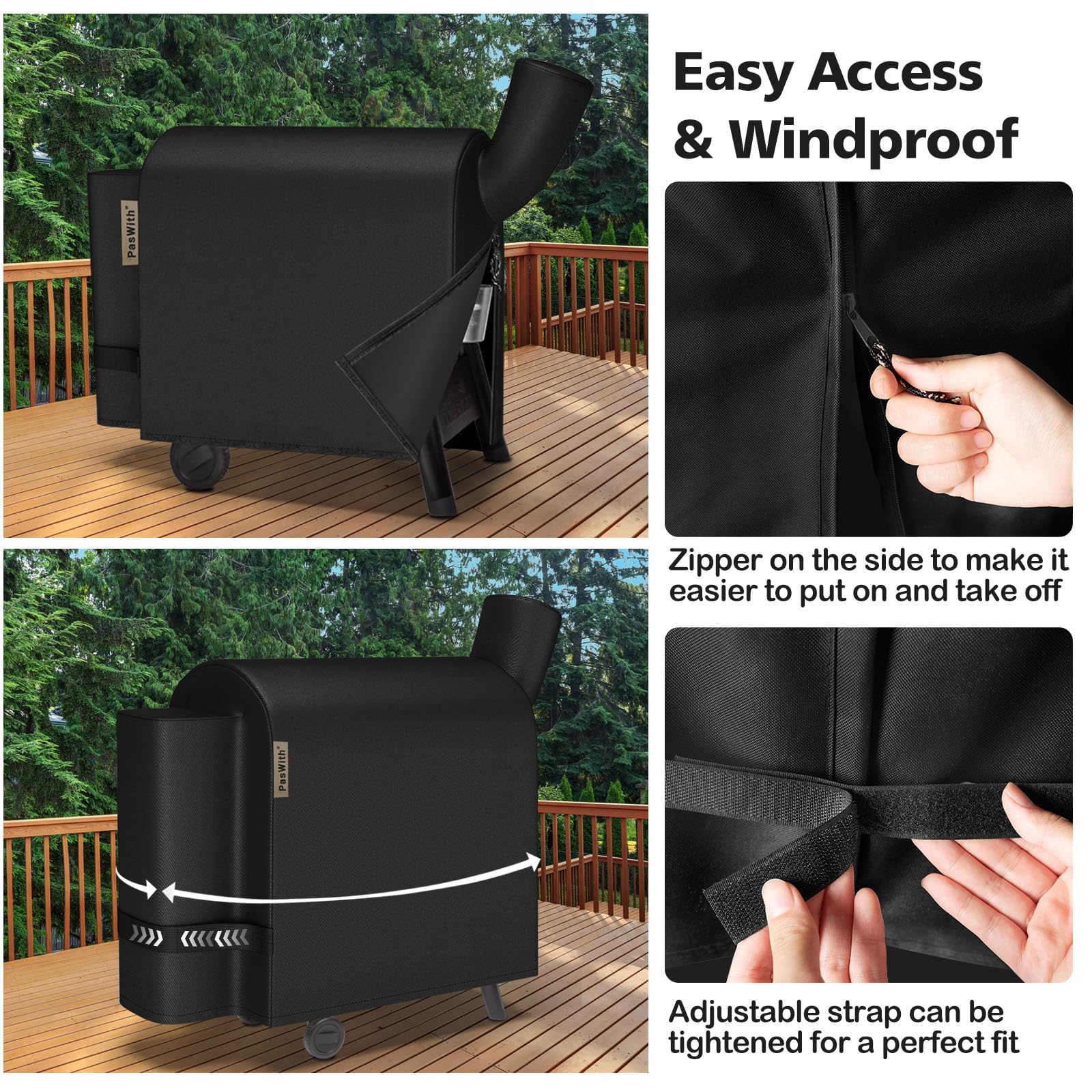 PasWith adjustable straps secure a windproof, snug fit.