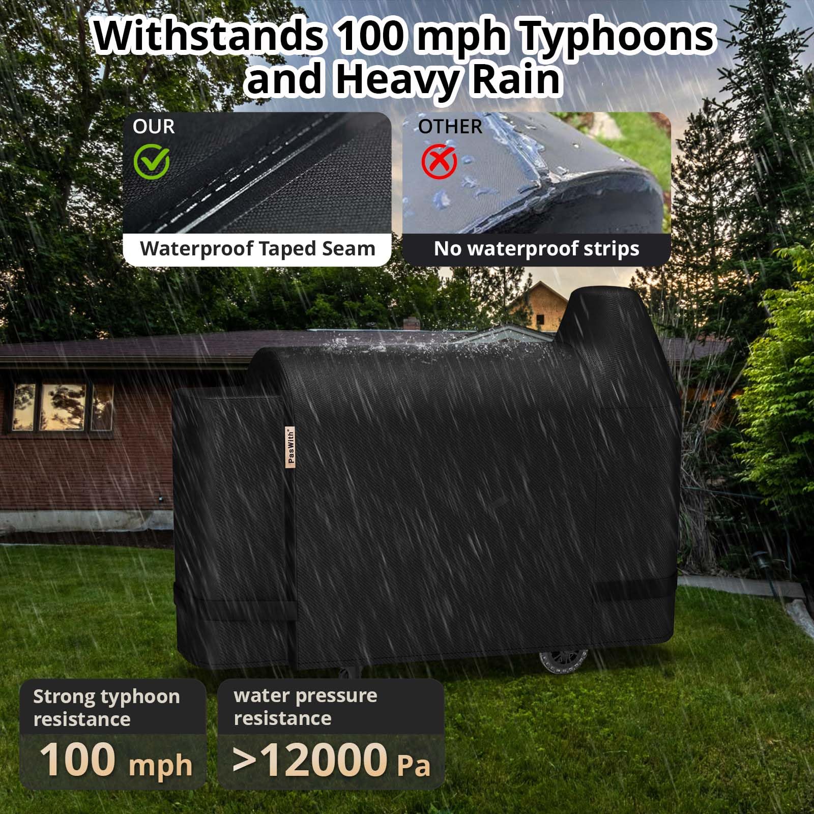 PasWith Pit Boss Austin XL cover waterproof seams protect against rain.
