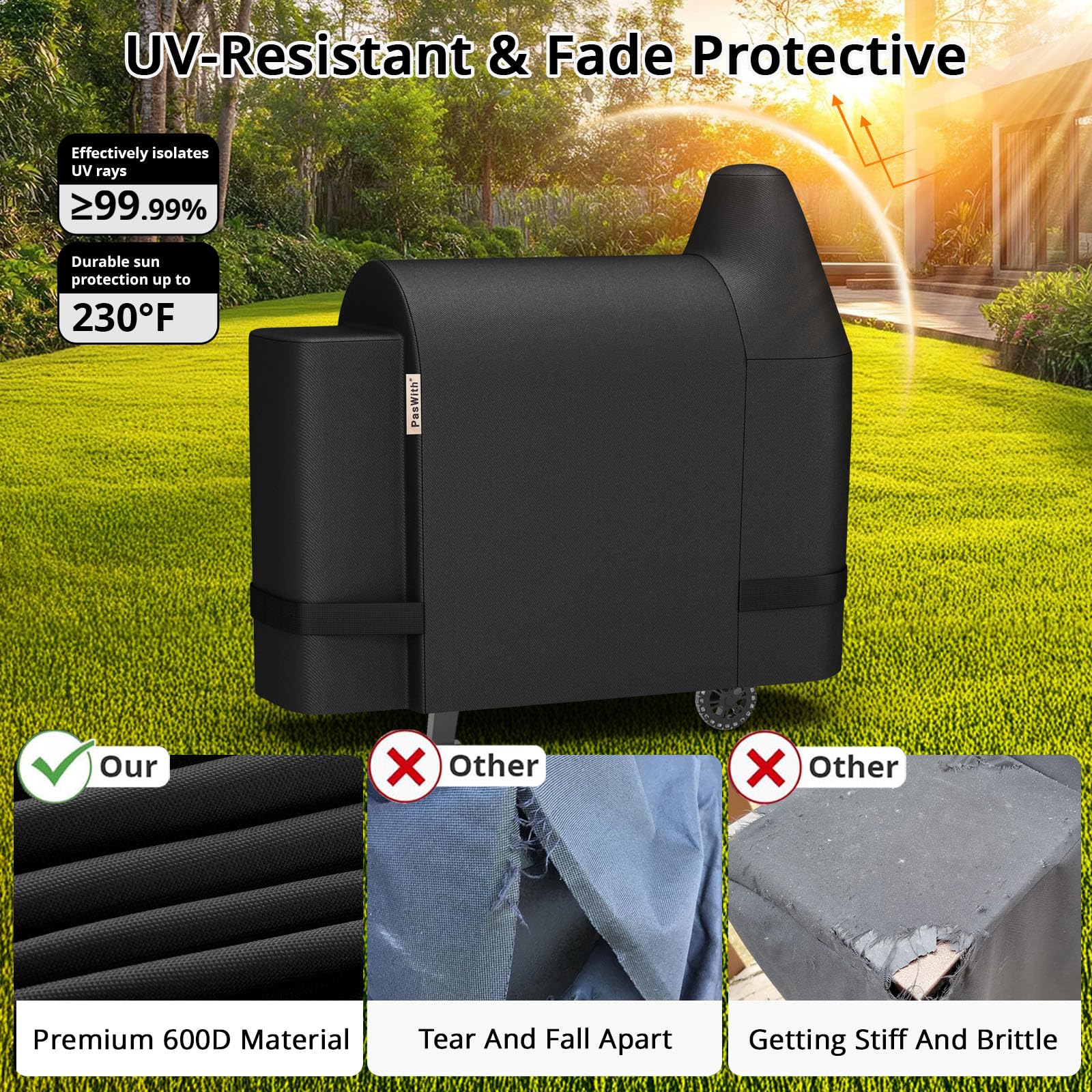 UV-resistant PasWith Pit Boss cover maintaining color under sun exposure.