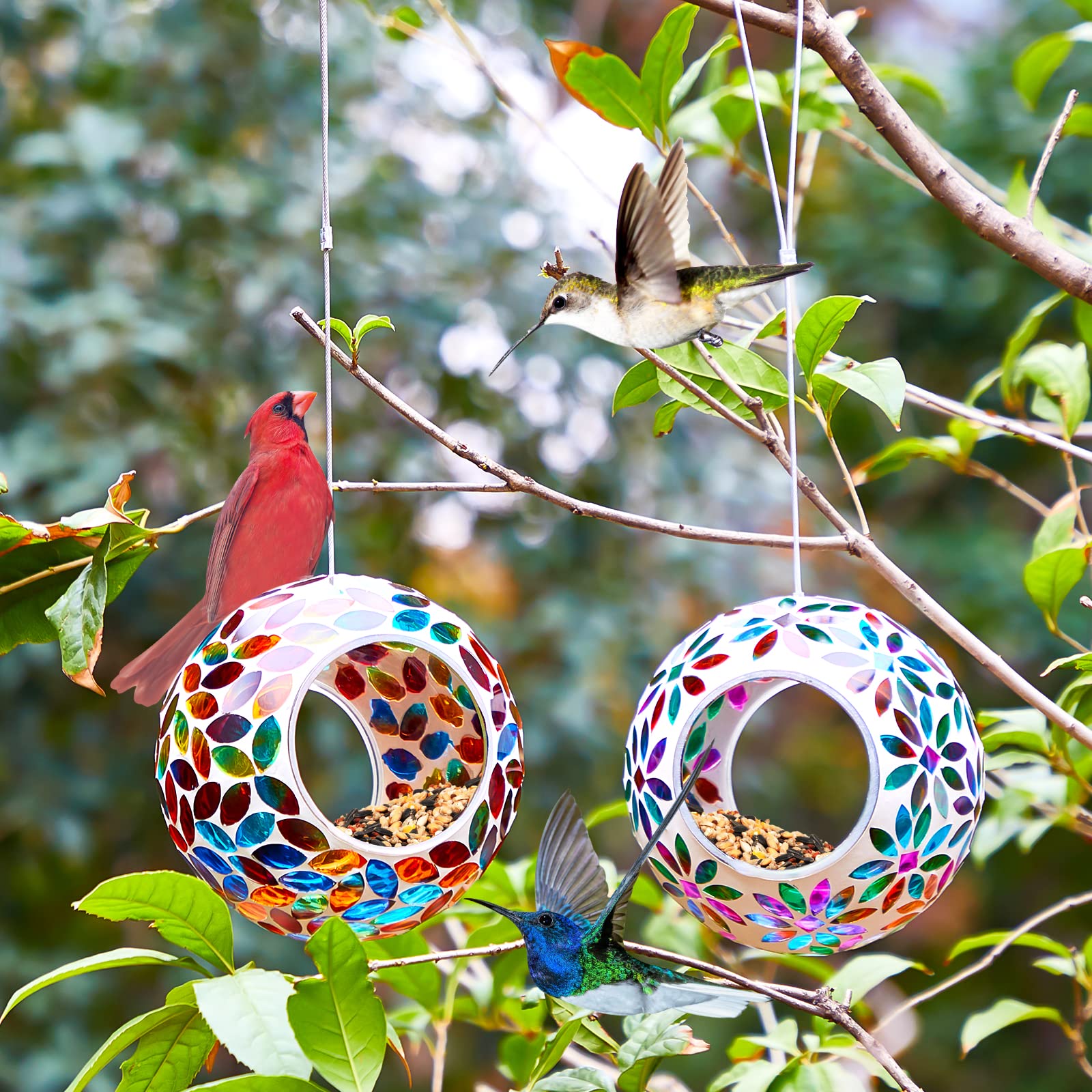 Patelai mosaic glass hanging round bird feeder 04 easy to hang