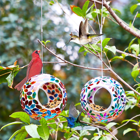 Patelai mosaic glass hanging round bird feeder 04 easy to hang