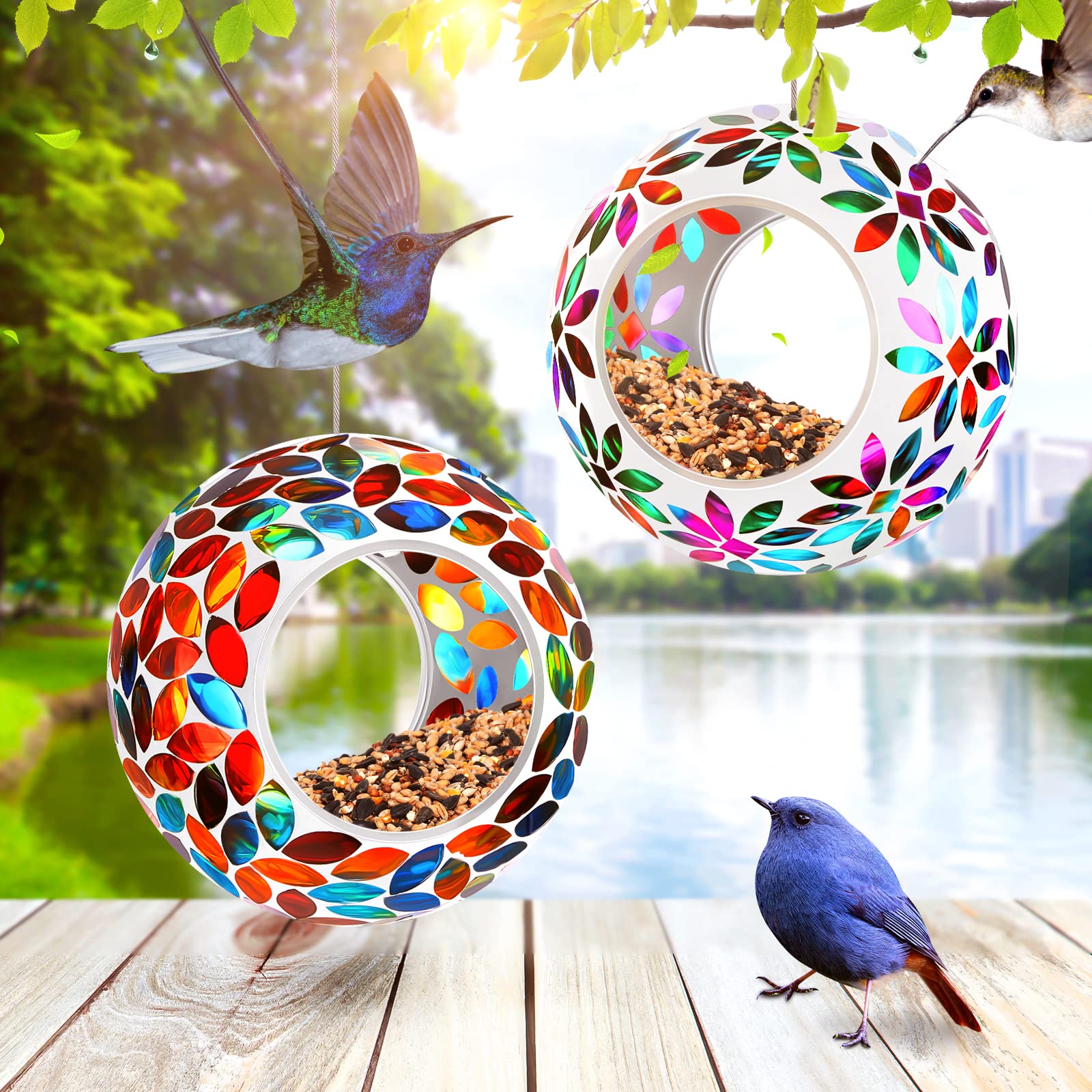 Patelai mosaic glass round bird feeder 07 for year-round use