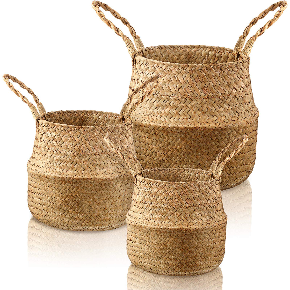Patelai seagrass belly basket large with handles for plant display and eco-friendly decor.