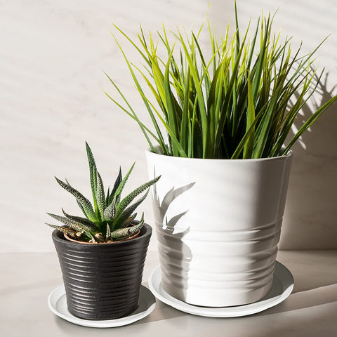 Patelai stackable plant saucers save space when not in use.