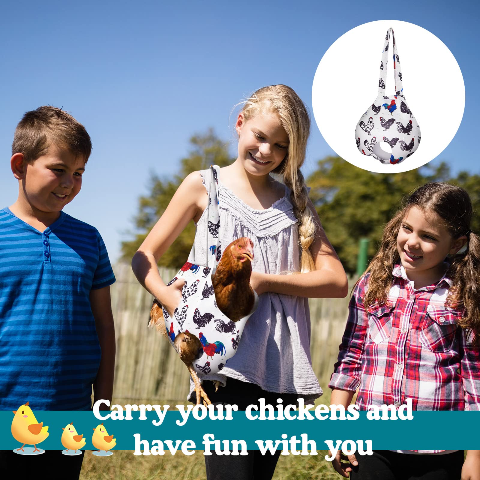 Paterr chicken sling handles extended for easy lifting during farm trips