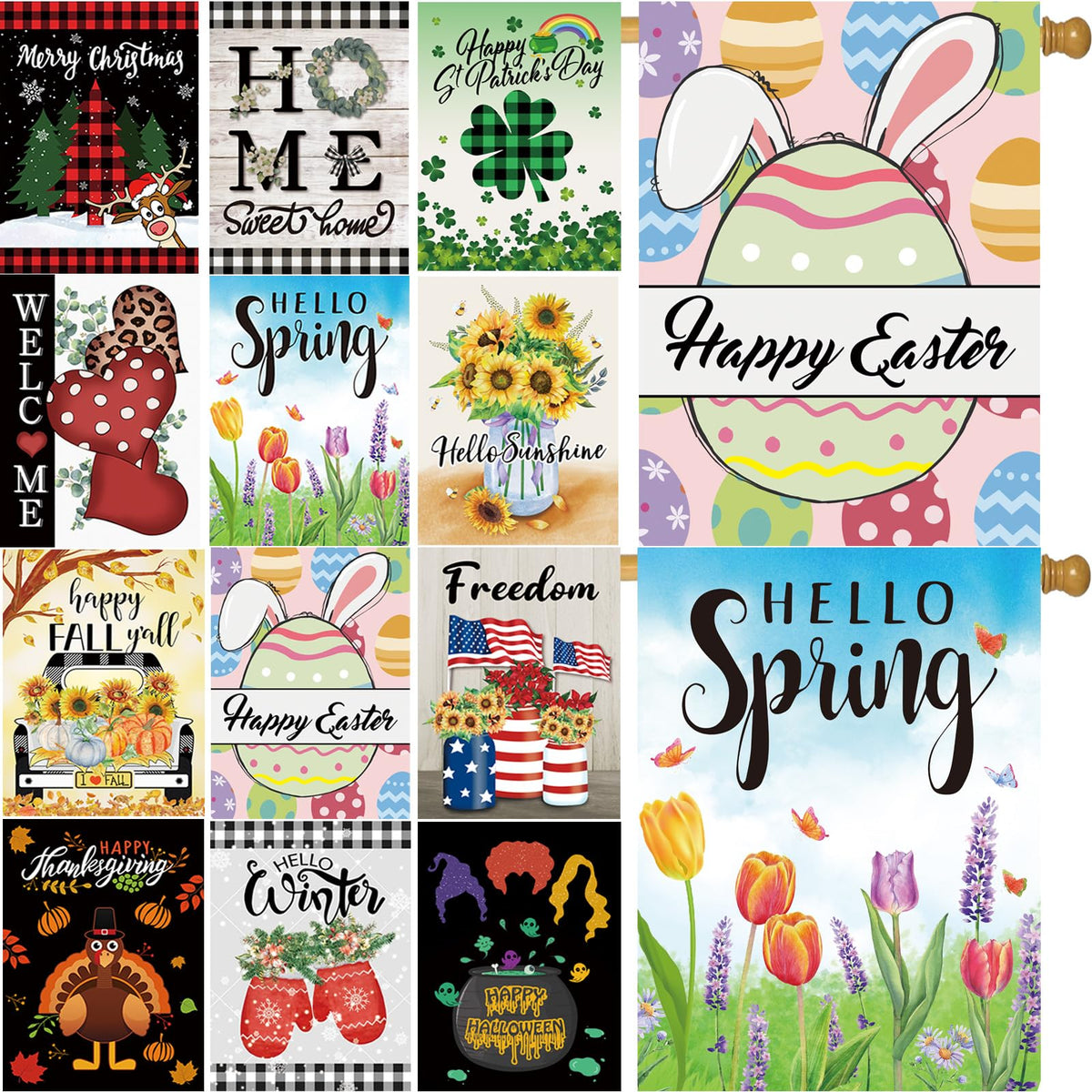 Pating seasonal garden flags 12-pack, front view, enhances curb appeal for all seasons.