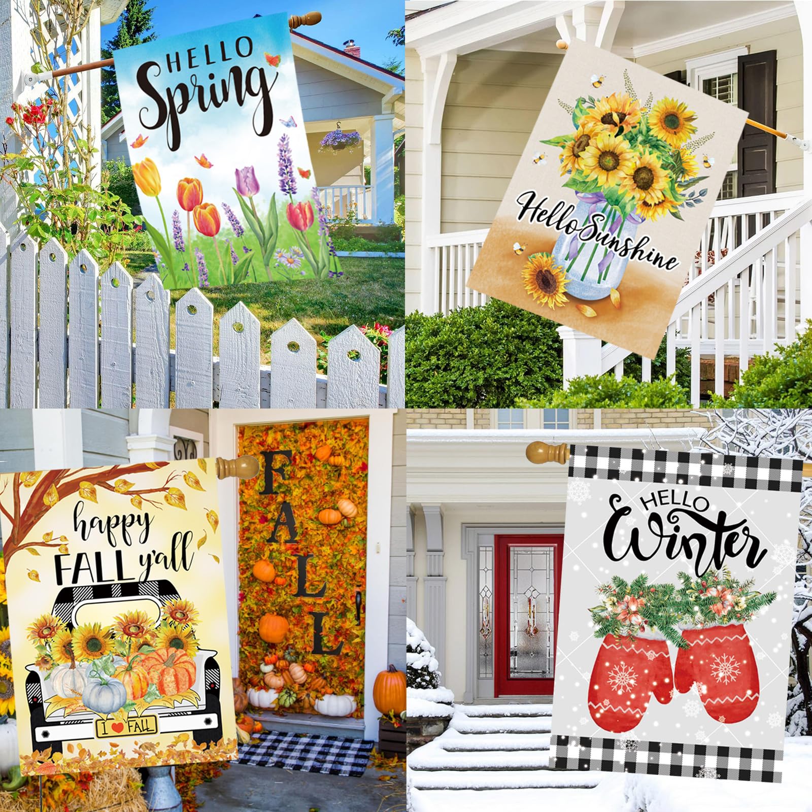 Pating welcome and holiday design flags add seasonal charm to your yard.