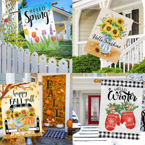 Pating welcome and holiday design flags add seasonal charm to your yard.