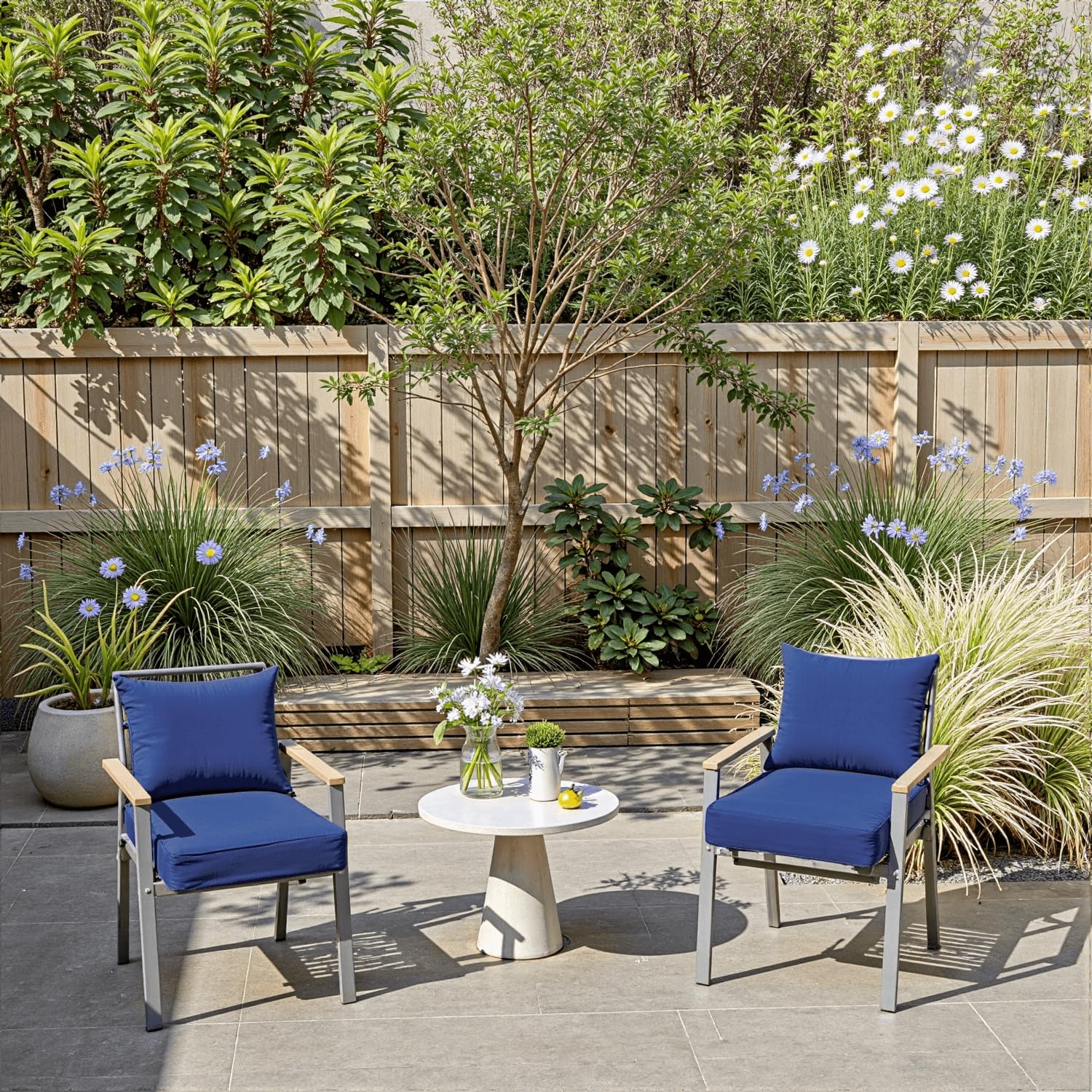 PatioGlow cushions with ties and a handle keep them secure and portable.