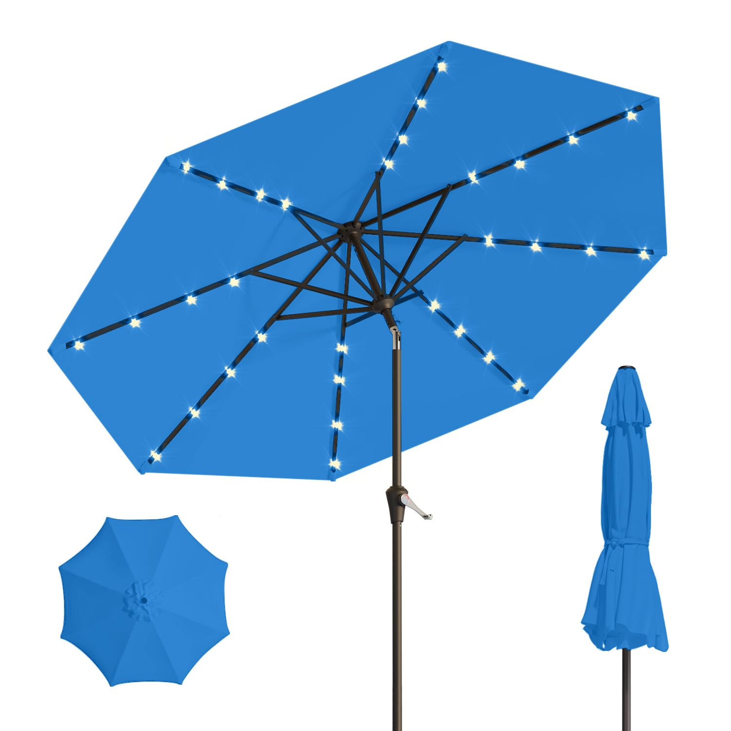 Patio Kingdom 10ft LED umbrella with a fully open canopy and ambient lighting for evenings.