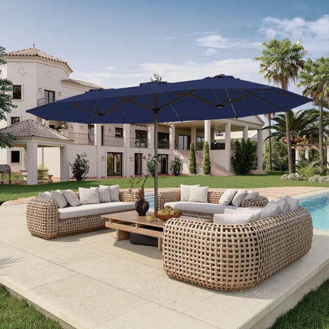 Patio Kingdom 15ft double-sided umbrella with base included offering expansive shade.