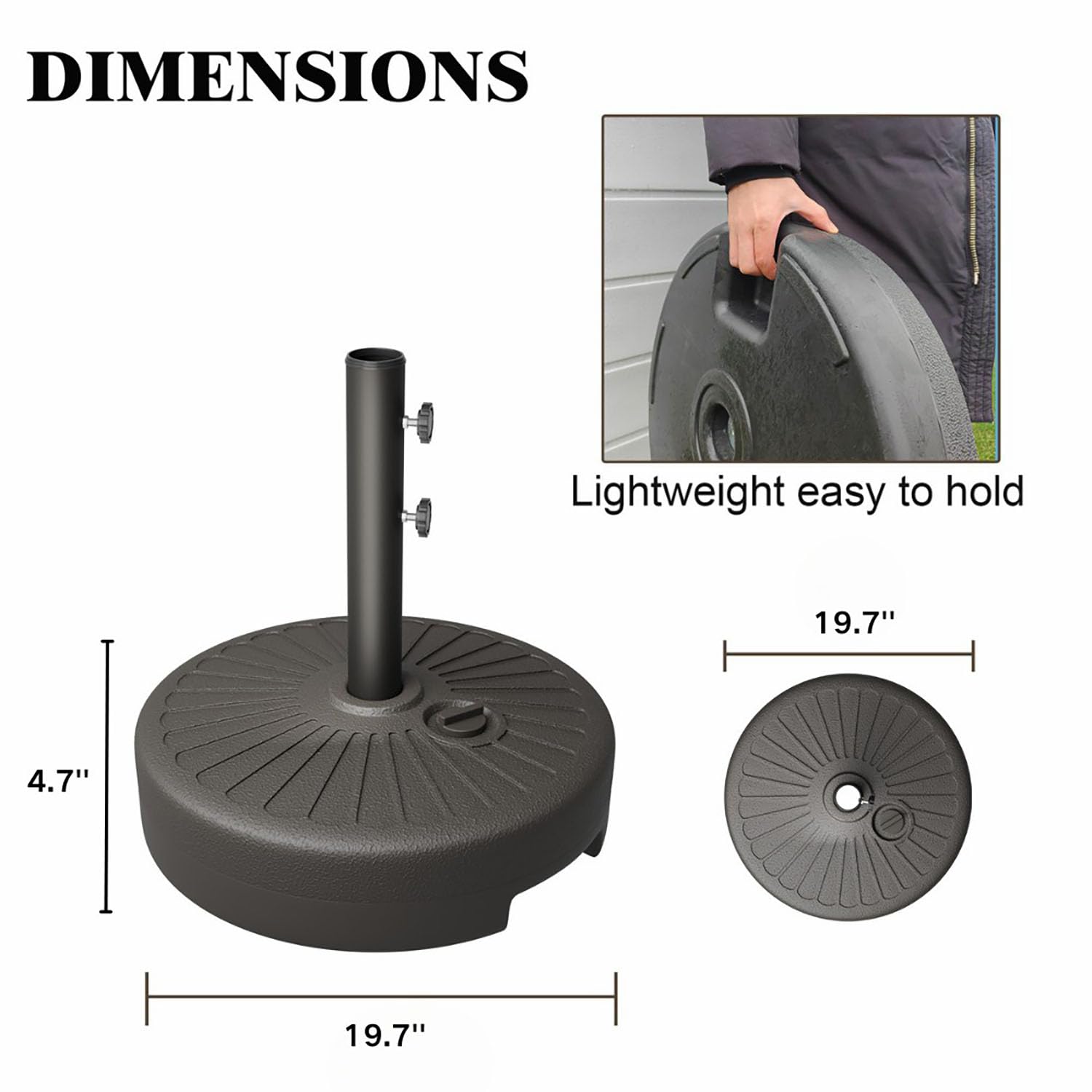 Patio Kingdom 22L base fits 6-10ft umbrellas, easy setup.