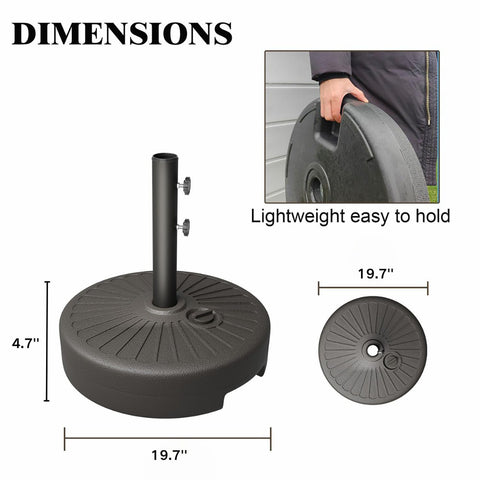 Patio Kingdom 22L base fits 6-10ft umbrellas, easy setup.