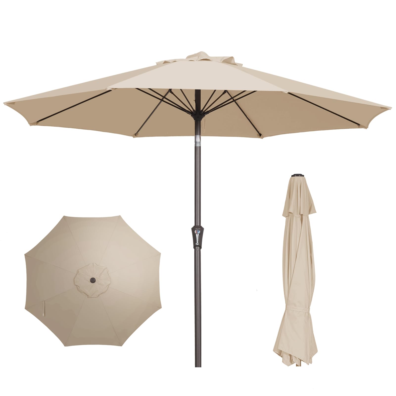 Patio Kingdom 9ft beige umbrella provides broad shade and UV protection.