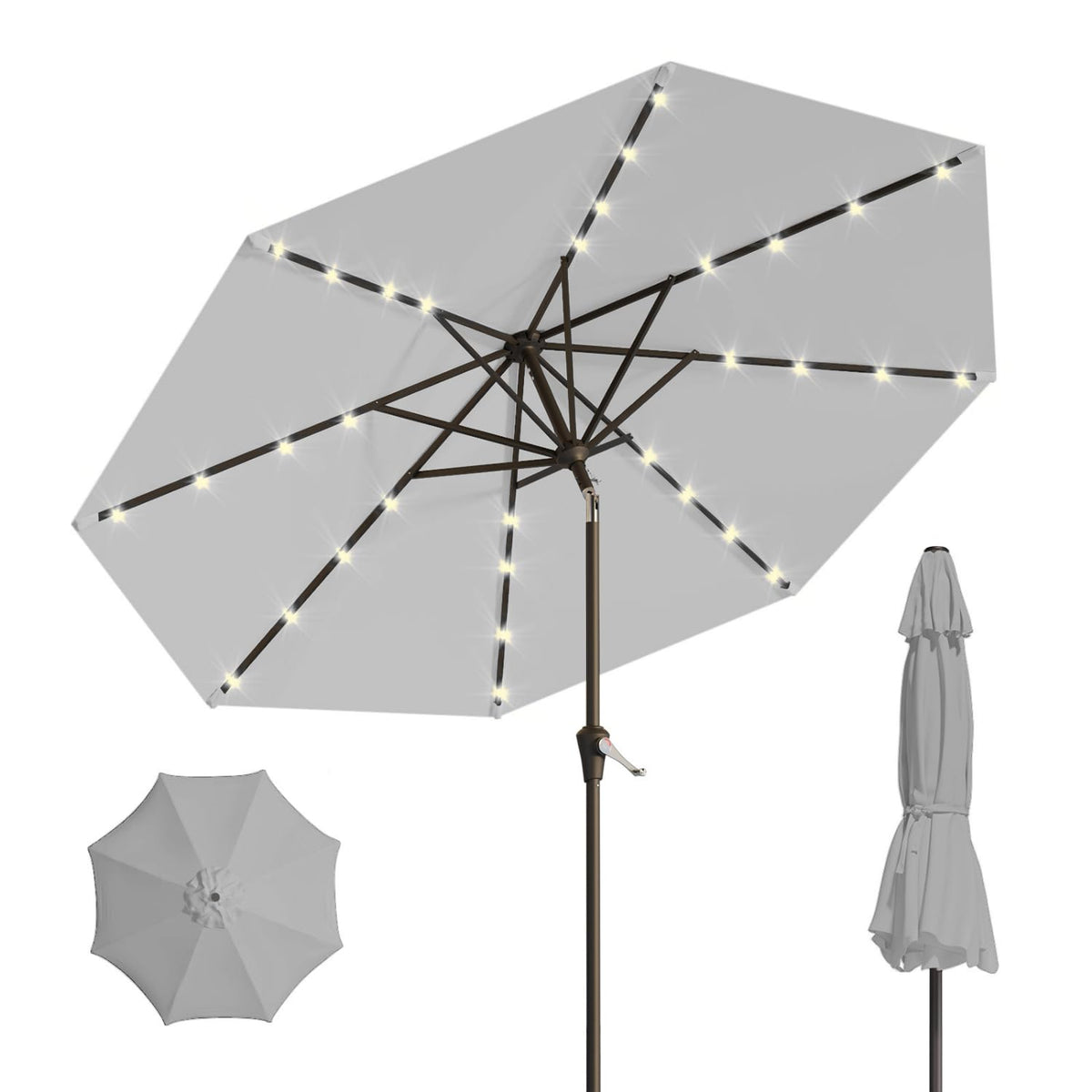 Patio Kingdom 9ft solar umbrella with LED lights for cozy poolside evenings.