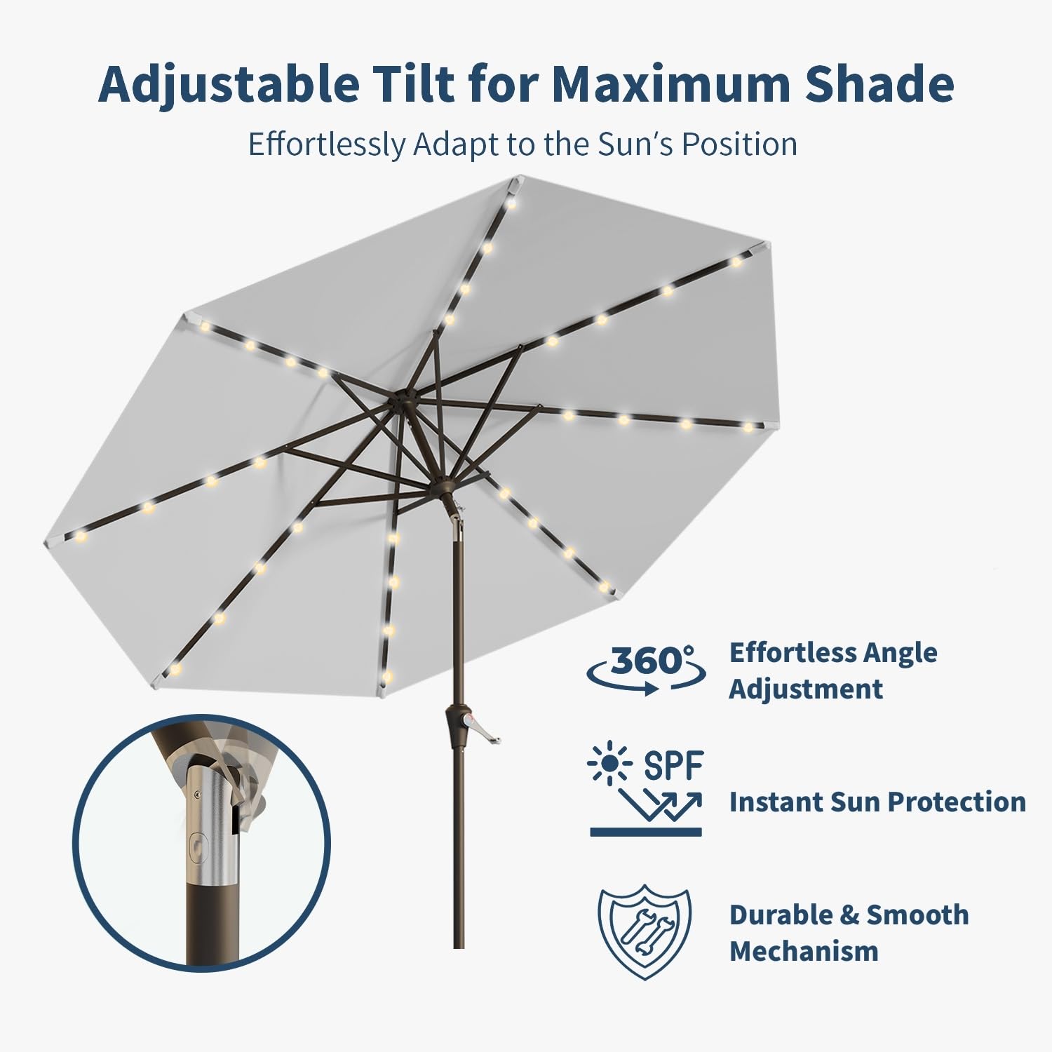 Patio Kingdom 9ft solar umbrella tilt function showing flexible shade.