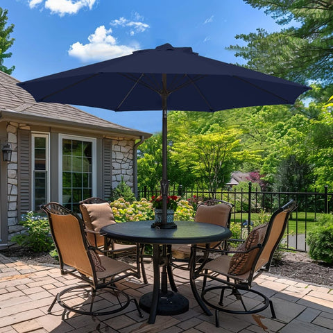 Patio Kingdom 9ft navy umbrella ready for garden or poolside setup