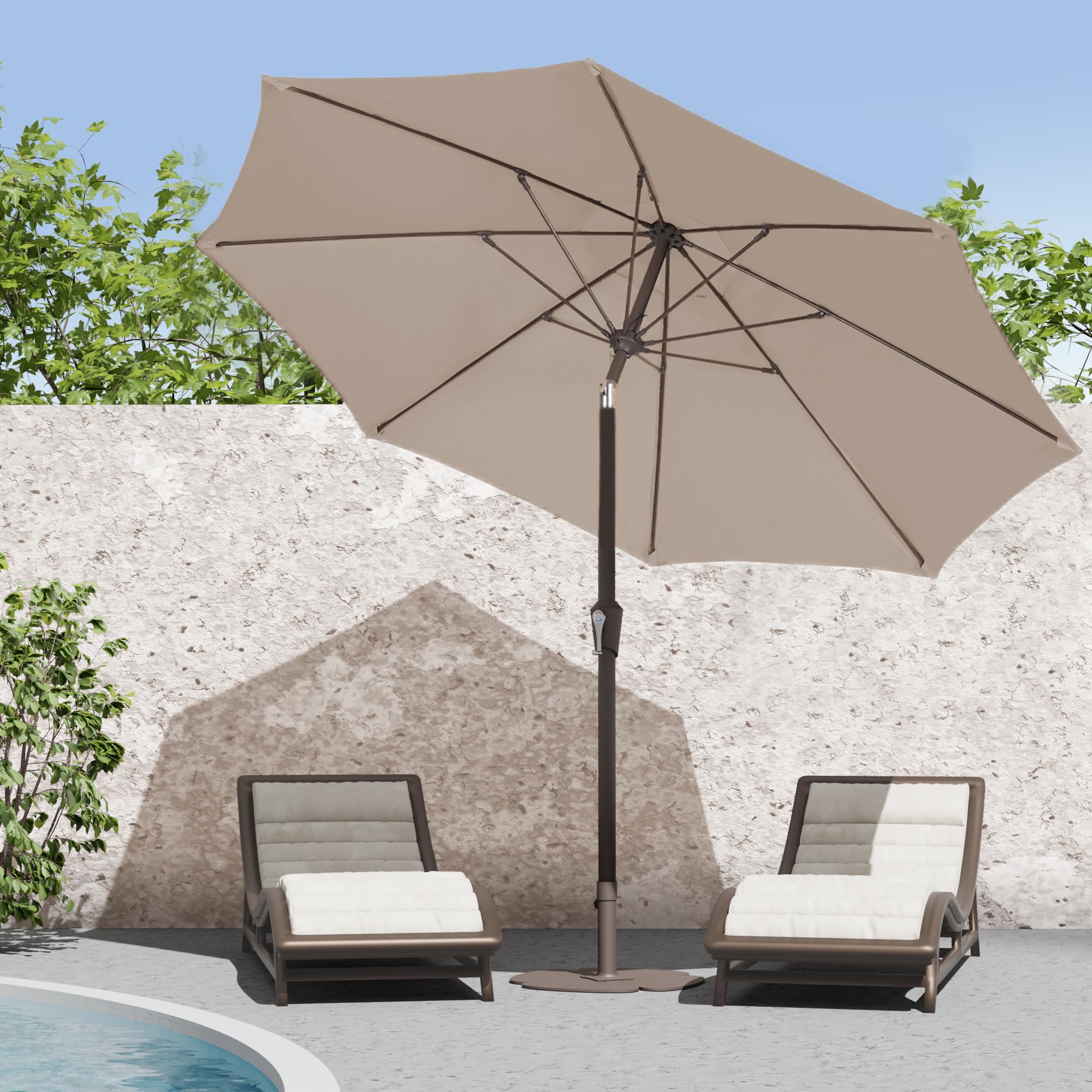 Patio Kingdom crank-lift system enables easy umbrella operation.