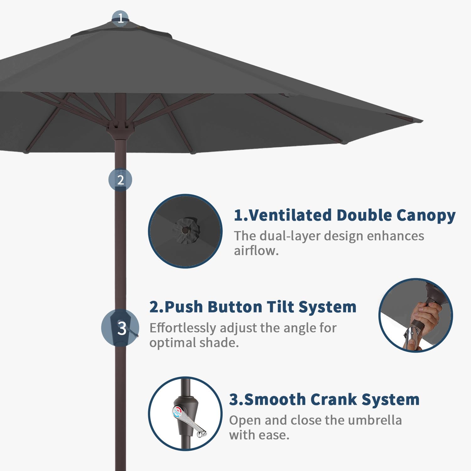 Patio Kingdom easy crank operation for quick shade changes.
