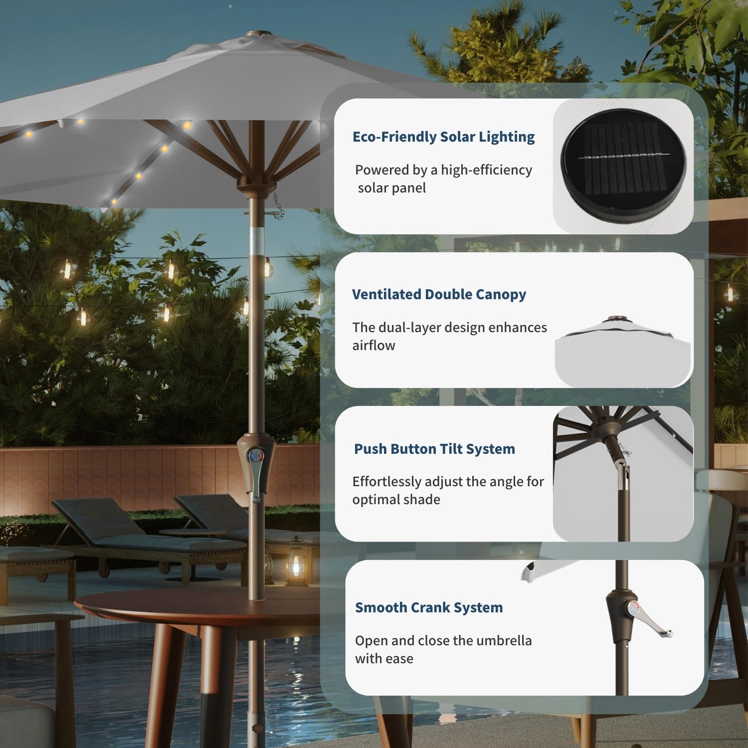 Patio Kingdom eight ribs reinforce stability for outdoor use.