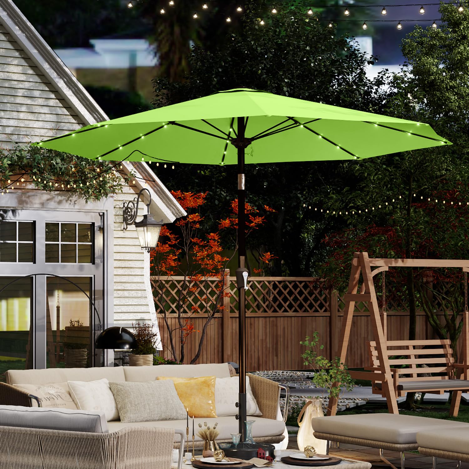 Patio Kingdom LED lights illuminate evenings without cords.