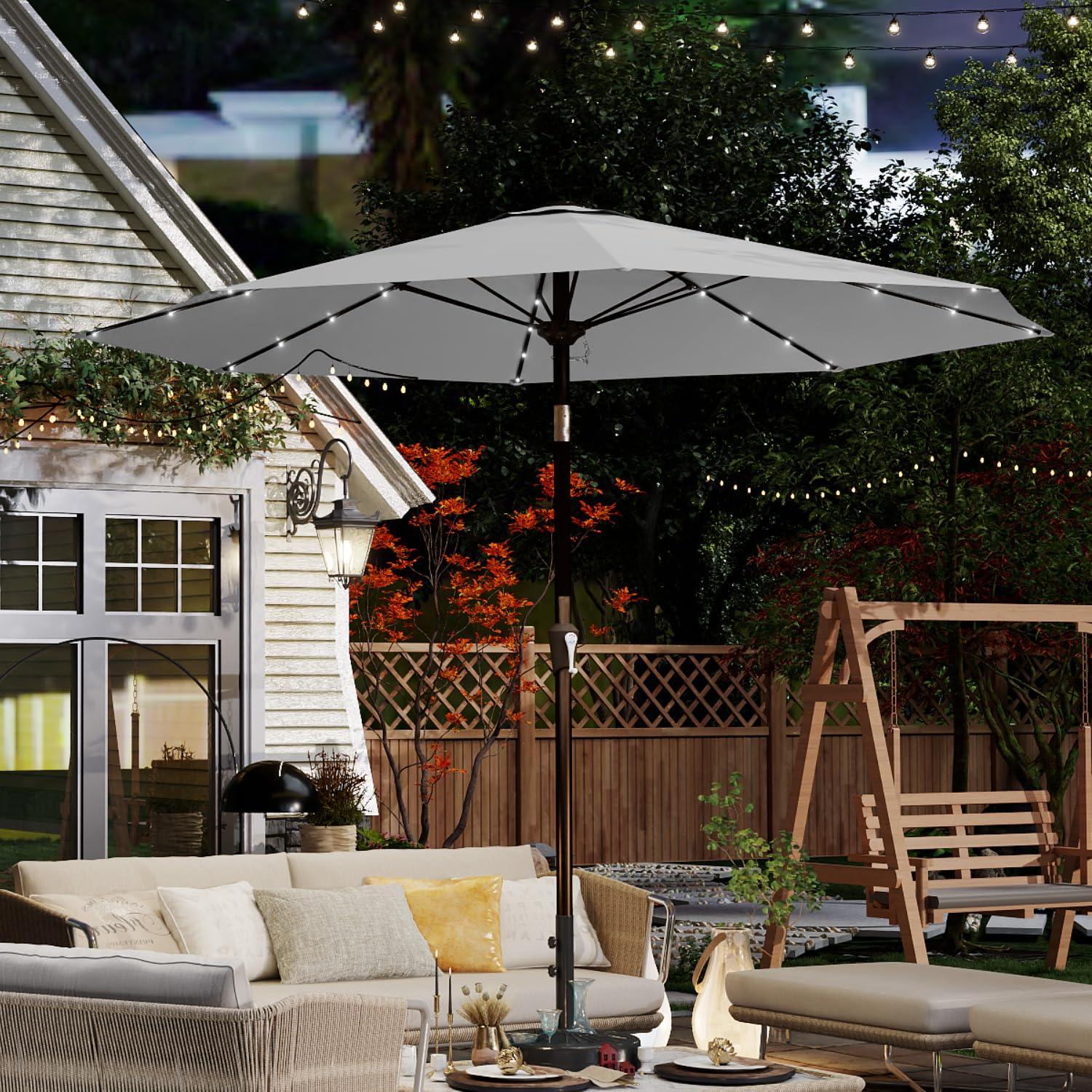 Patio Kingdom LED lighting umbrella adds solar powered ambient glow for outdoors.