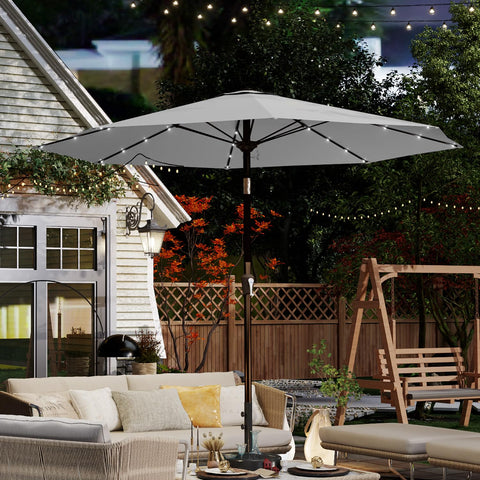 Patio Kingdom LED lighting umbrella adds solar powered ambient glow for outdoors.