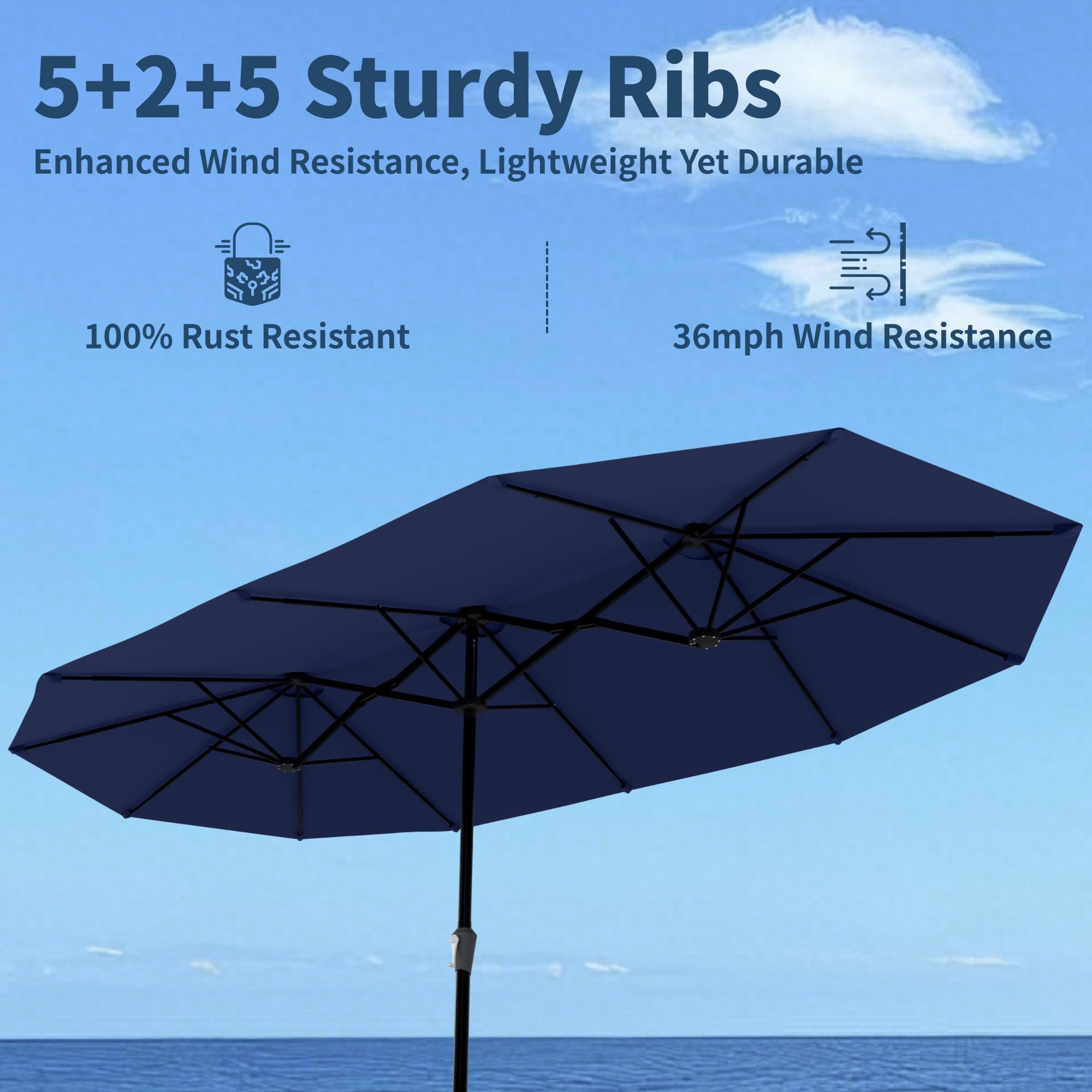 Patio Kingdom navy blue canopy close-up showing fade-resistant fabric for lasting color.