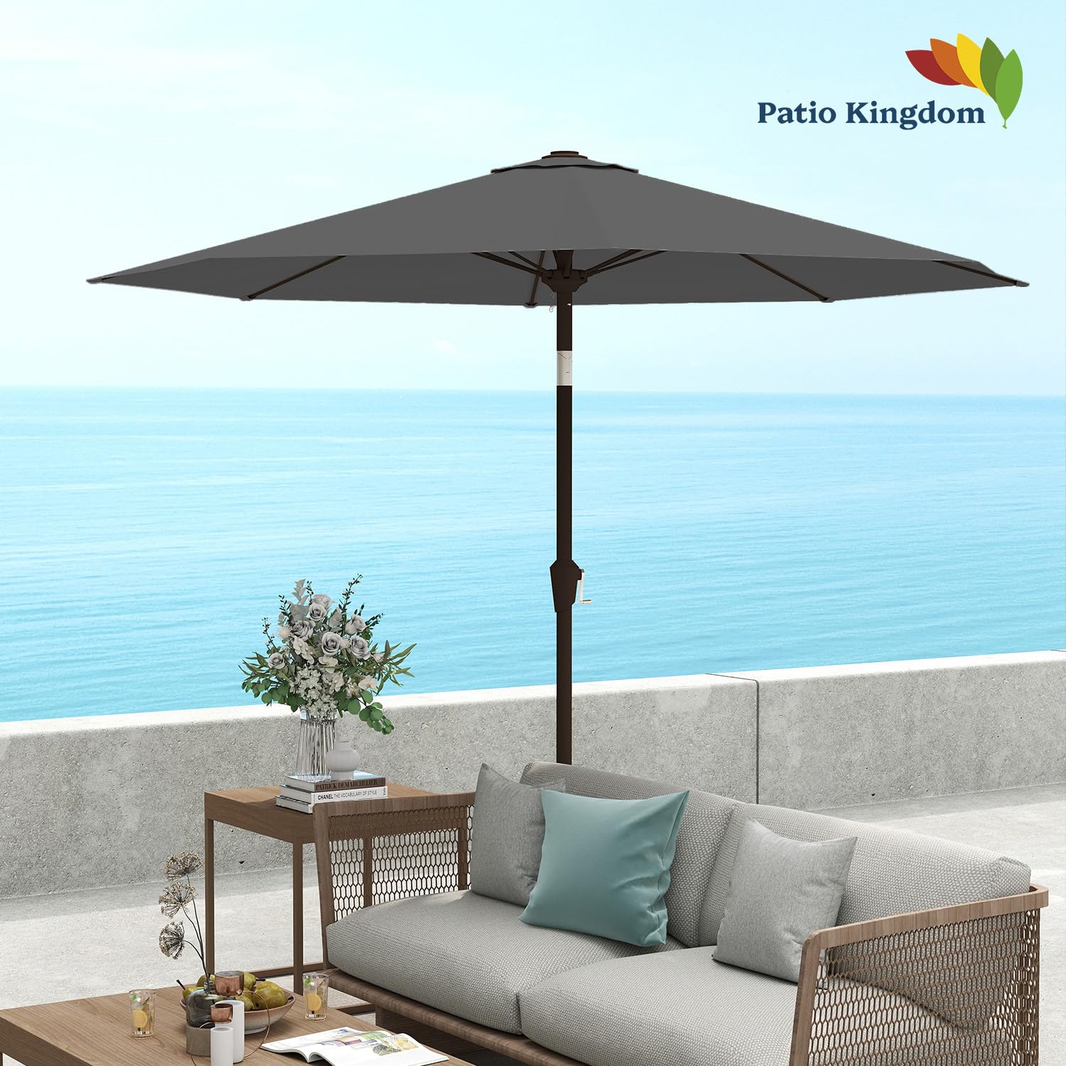 Patio Kingdom outdoor umbrella crank tilt enables easy shade adjustment.