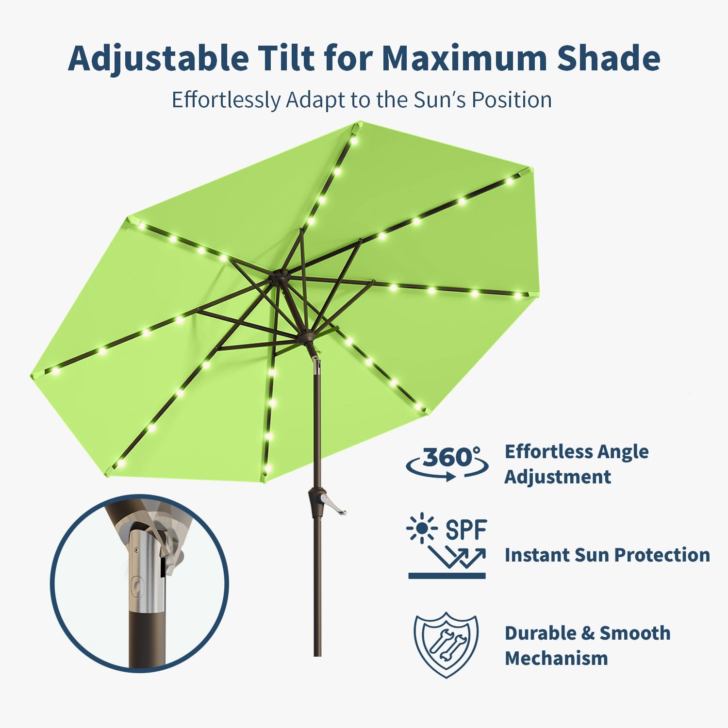 Patio Kingdom tilt and crank system lets you adjust sun angle.
