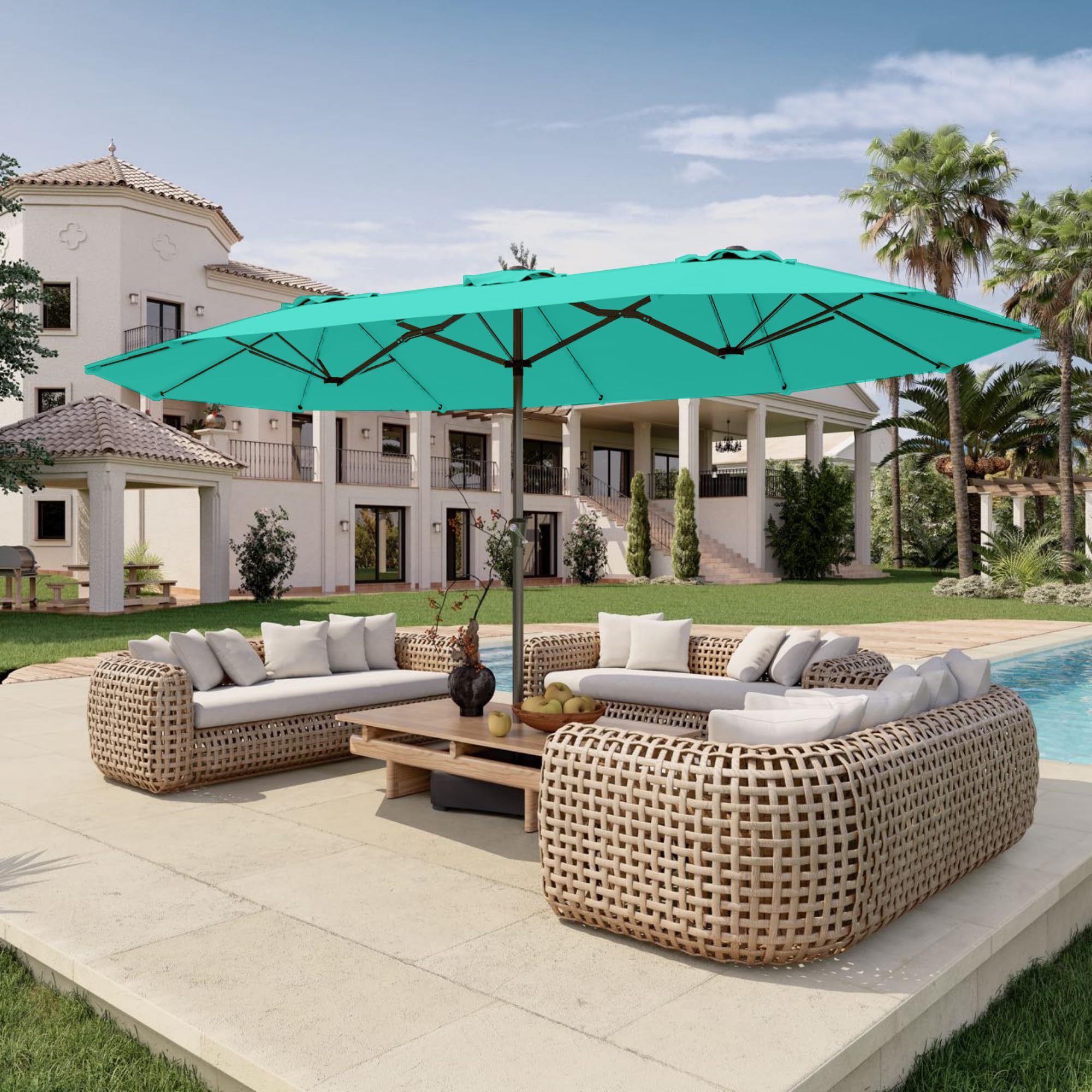 Patio Kingdom 15ft double-sided turquoise umbrella with base included provides expansive shade.