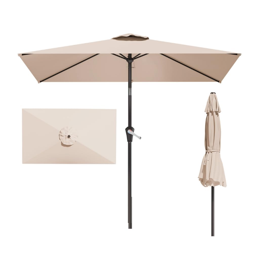 Patio Kingdom umbrella 6.5x10 rectangular canopy provides broad shade for outdoor dining.