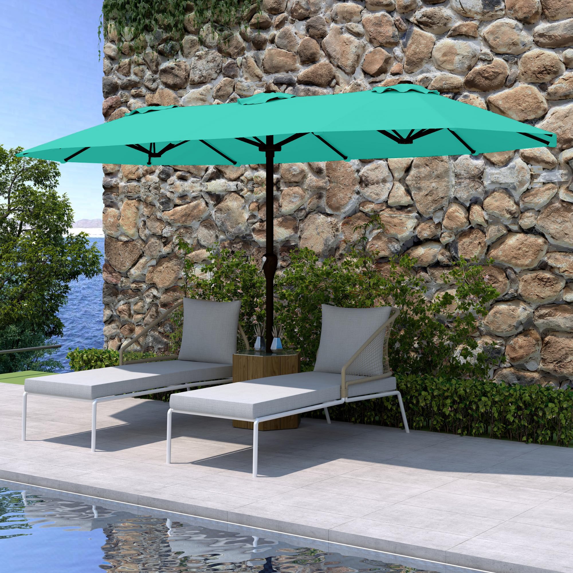 Patio Kingdom turquoise umbrella beside patio and poolside decor.